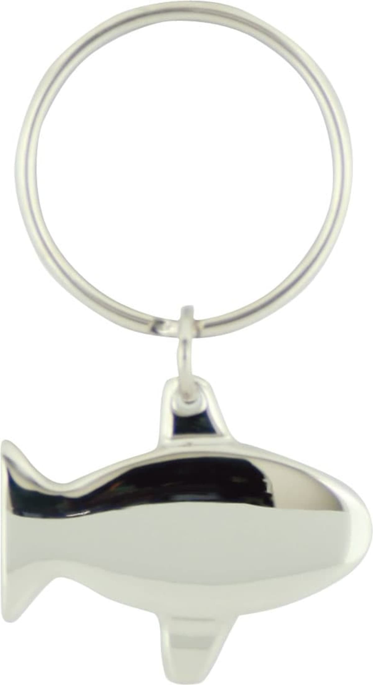 A silver keychain in the shape of a fish with a smooth, reflective surface. The fish design is minimalist, attached to a circular key ring.