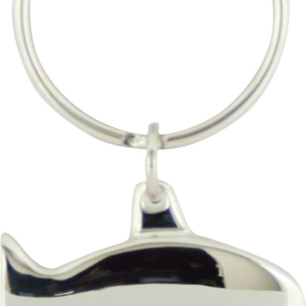 A silver keychain featuring a shiny, simplistic fish design attached to a round keyring.