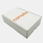 A closed white cardboard box with the word campfire printed in orange on the lid. The box is positioned on a white background.
