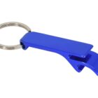 A blue bottle opener keychain with a silver metal ring. It features a flat, rectangular handle and a curved, claw-like end for opening bottles. The design is simple and functional, set against a plain white background.