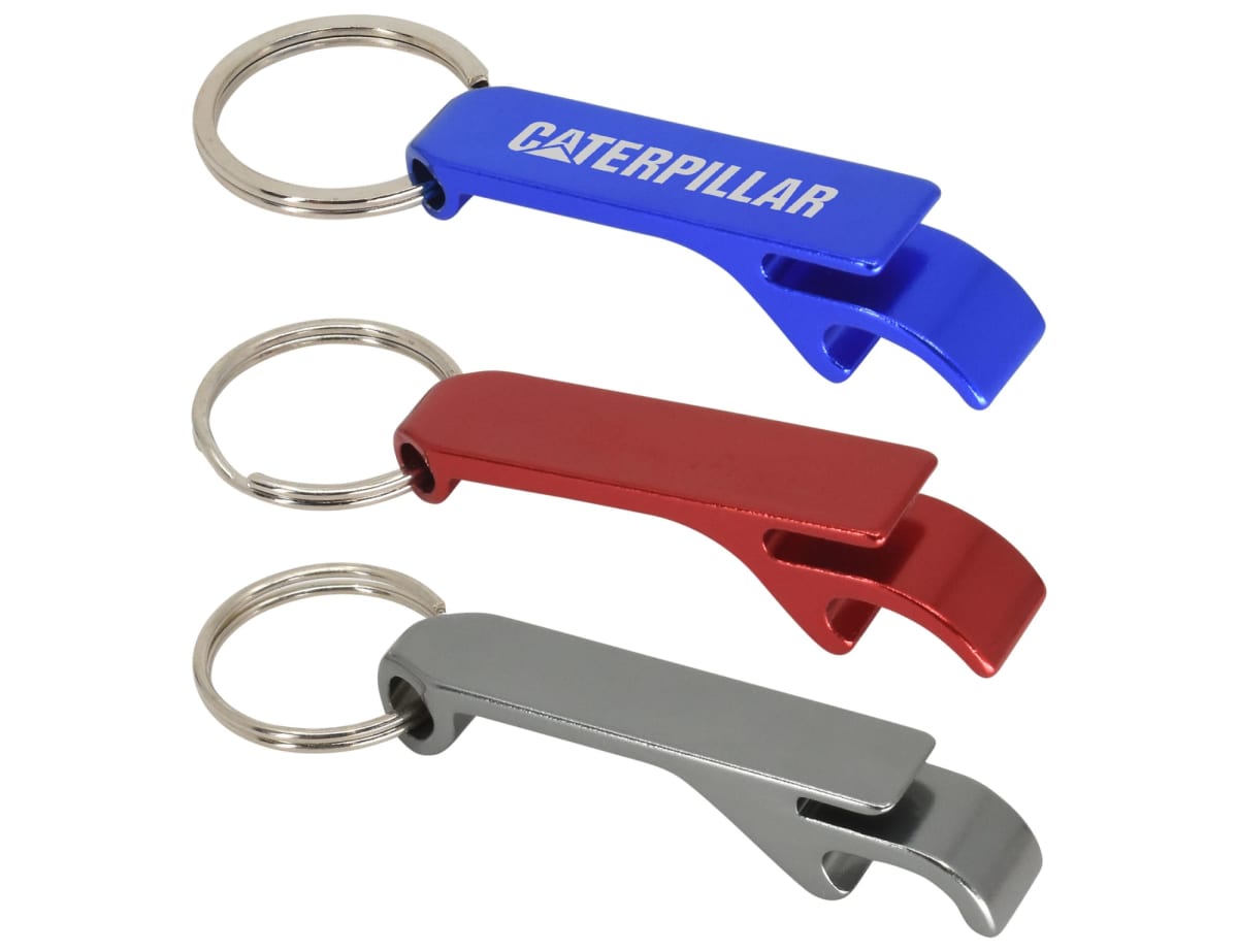 Three metallic bottle opener keychains are arranged vertically. The top opener is blue with CATERPILLAR written on it. The middle one is red, and the bottom one is silver. Each has a keyring attached.