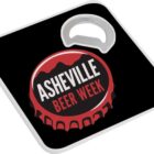 Square, black coaster with a built-in bottle opener at the top right. The coaster features a red bottle cap graphic with Asheville Beer Week written on it.