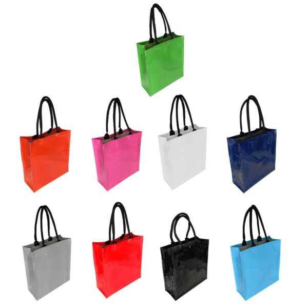 A grid of nine glossy tote bags, each featuring two black handles. The bags are displayed in different colors: red, pink, green, white, blue, gray, black, and a second red and gray variation.