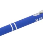 A blue ballpoint pen with a silver clip and tip, featuring the text HELIXCAPITAL printed in white.