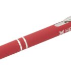A red ballpoint pen with a silver clip and tip, featuring the text Helix Capital printed in white on the barrel.