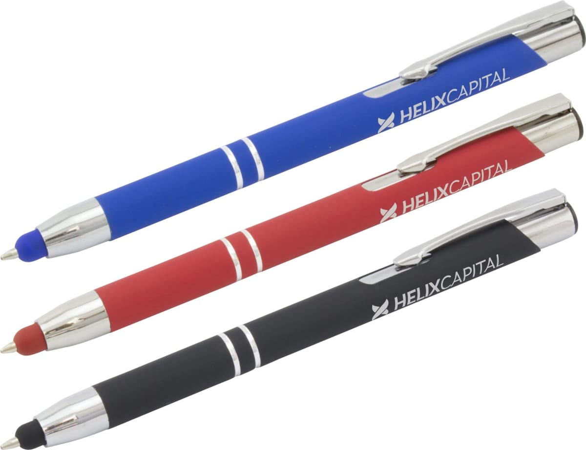 Three ballpoint pens are arranged diagonally. The pens are blue, red, and black, each with silver accents and clips. The brand HELIXCAPITAL is printed on each pen in white lettering.
