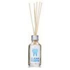 Glass bottle of Clean Tooth mouthwash with a metal cap and several thin wooden sticks protruding from the top, suggesting a possible diffuser setup. The label features a stylized blue tooth design.