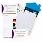 A collage of notepads with logos. One has nielsen homescan branding and a Happy Scanning message. Another is house-shaped with anz branding, labeled Things to do. Both feature lined paper beneath.