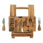 Wooden wine and cheese serving board with text and graphics, set on a foldable stand. Accompanied by a small cheese knife and fork with wooden handles, placed on either side. The board features phrases like Quality and Original Wine Pairings.