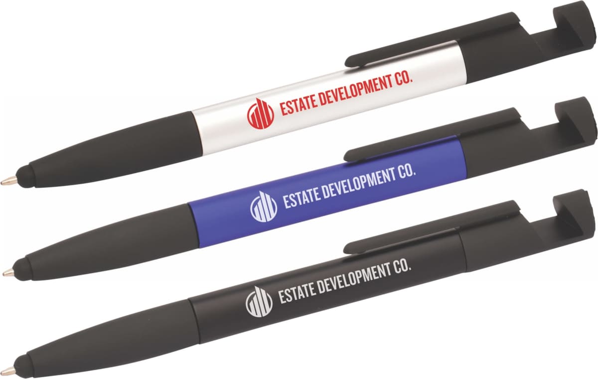 Three promotional pens with the text Estate Development Co. printed on them. The pens are in different colors: silver, blue, and black, each with black grips and clips.