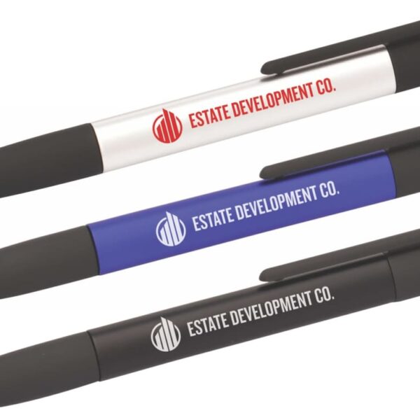 Three pens with black grips and retractable clips. The top pen is silver, the middle is blue, and the bottom is black. All pens feature the Estate Development Co. logo and name in red or white.