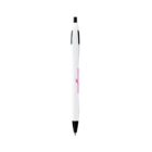A white and black retractable ballpoint pen with a pink logo and text on the barrel. The pen has a black tip, clicker, and clip.