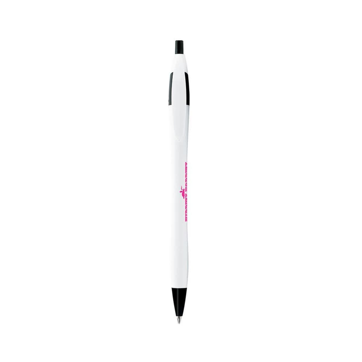 A white and black retractable ballpoint pen with a pink logo and text on the barrel. The pen has a black tip, clicker, and clip.
