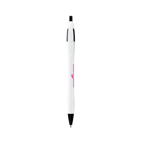 A white and black retractable ballpoint pen with pink text printed on its body, seen against a white background.