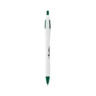 A white pen with green accents on the tip, clip, and top button. The pen has a sleek, contoured design with a logo printed on the barrel.