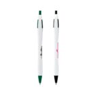 Two retractable pens with white barrels. The left pen has a green clip and tip, and the right pen has a black clip and tip. Both pens feature logos in the center of their barrels.