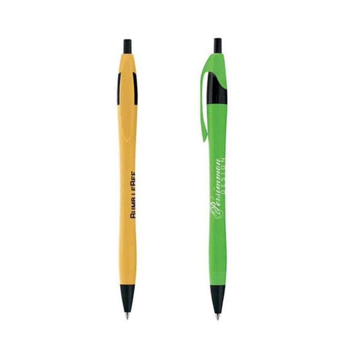 Two ballpoint pens are shown. The left pen is yellow with BIC and RUMBLE IM FREE printed in black. The right pen is green with a clip and white decorative text. Both pens have black ink grips and click mechanisms.