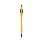 A yellow ballpoint pen with black accents and a click mechanism. The pen has BPA/BPS FREE printed on it. The tip and clip are black, and it is positioned vertically on a white background.