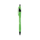 A green ballpoint pen with black accents on the tip, clip, and plunger. The pen has white, cursive text printed along its side. The background is plain white.
