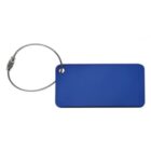 A blue rectangular luggage tag with rounded corners is attached to a thin, flexible metal wire loop through a hole in the top left corner.
