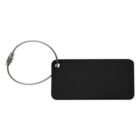 Black rectangular luggage tag with rounded corners attached to a metal loop.