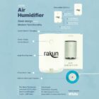 Promotional image of the RAKUN H109 Air Humidifier, highlighting features like its 255ml water tank, RGB LED light, and modern design. Decoration options include pad print, vinyl sticker, screen wrap, and screen print. Available in white.