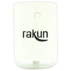 A white vertical rectangular device with the word rakun in black text and a curved graphic resembling a tail.