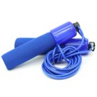 Blue jump rope with foam handles, coiled neatly.