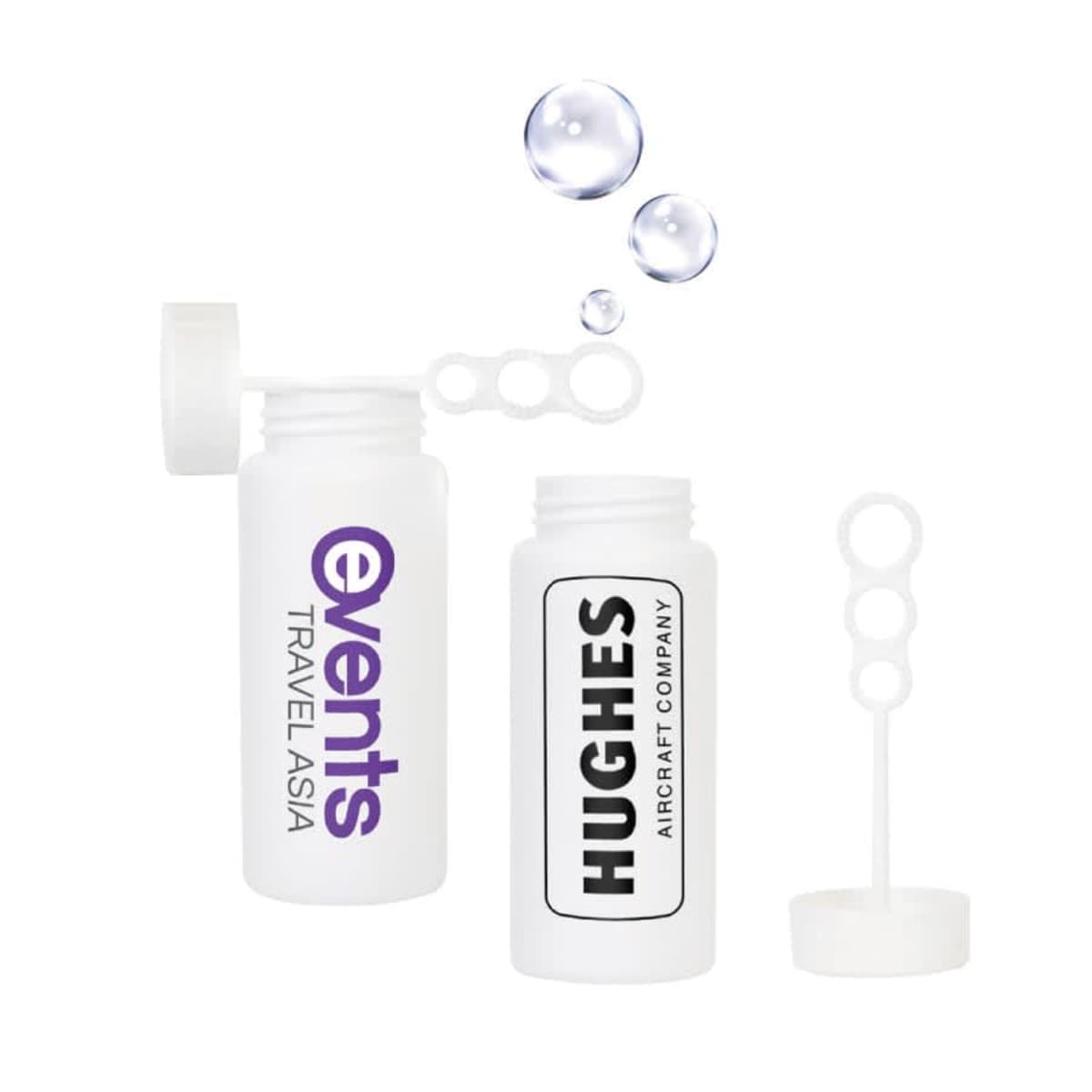 Two white bubble solution bottles with open lids. One bottle has EVENTS TRAVEL ASIA on it, and the other has HUGHES AIRCRAFT COMPANY. Each has a bubble wand with three circles. Three bubbles float above them.