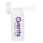 White bubble bottle with an open cap and bubble wand attached. The bottle displays the text events TRAVEL ASIA in purple and black.