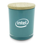 A teal jar with a bamboo lid featuring the Intel logo in white on the front. The jar is cylindrical and stands upright.