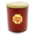 A red jar with a wooden lid featuring the Chupa Chups logo in yellow and red.