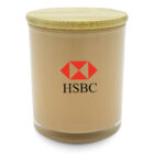 A beige candle in a glass jar with a wooden lid, featuring the HSBC logo in red and black on the front.