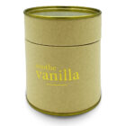 Brown cylindrical cardboard container with a metallic gold trim, featuring the words soothe Vanilla printed in yellow on the front. The container has a simple, elegant design.