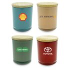 Four colorful jars with wooden lids. Each jar features different branding: a blue jar with Shell, a beige jar with Jet Airways, a green jar with Specsavers, and a red jar with Toyota.