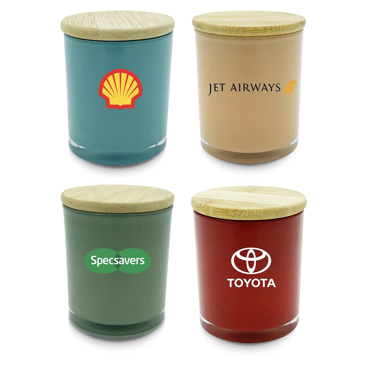 Four colorful jars with wooden lids. Each jar features different branding: a blue jar with Shell, a beige jar with Jet Airways, a green jar with Specsavers, and a red jar with Toyota.