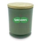 A green cylindrical container with a wooden lid. The logo for Specsavers, featuring overlapping green ovals with white text, is printed on the front.