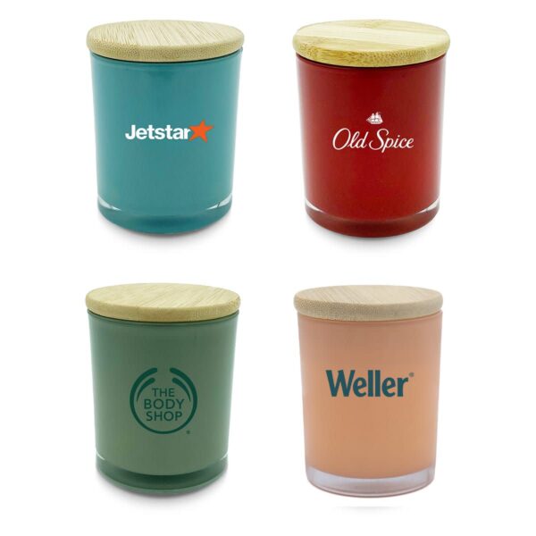 Four colored jars with wooden lids, each featuring a different logo: top left is orange, top right is red, bottom left is green, and bottom right is light orange.