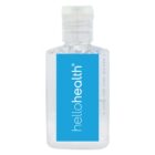 A clear hand sanitizer bottle with a blue label displaying the words hello health in white text. The bottle has a transparent flip-top cap and is filled with clear gel.