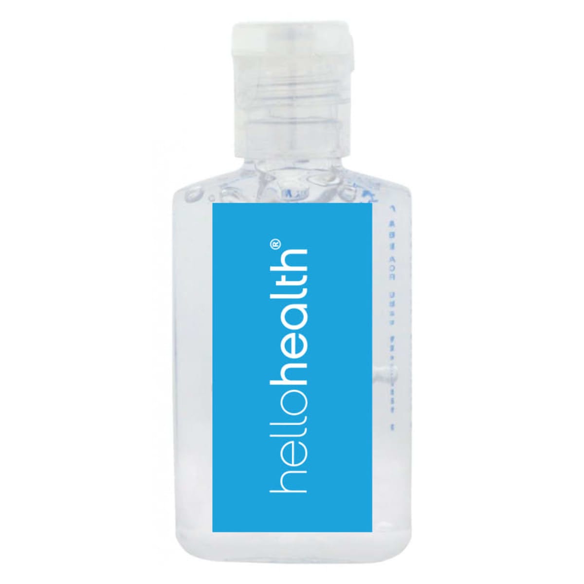 A clear hand sanitizer bottle with a blue label displaying the words hello health in white text. The bottle has a transparent flip-top cap and is filled with clear gel.