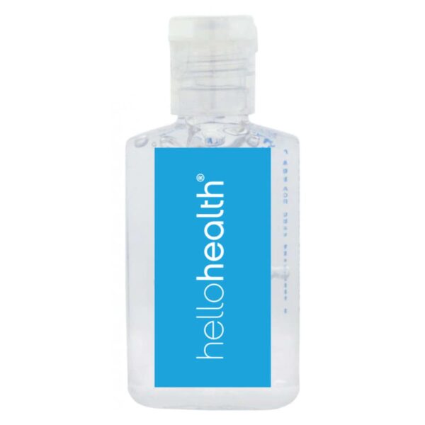 Clear bottle of hand sanitizer with a light blue label featuring the text hellohealth in white. The bottle has a flip-top cap and is set against a plain white background.