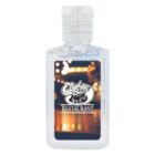 A small, clear bottle of hand sanitizer with a label featuring the logo Elephant Bar Restaurant and an image of blurred lights in the background.