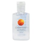 A small, clear bottle of hand sanitizer labeled CooperVision with an orange sphere logo above. The text Live Brightly is printed below the logo. The bottle has a flip-top cap.