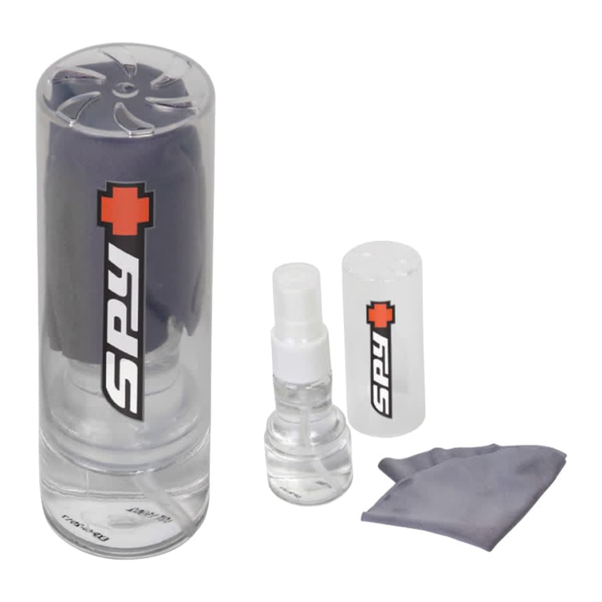 A cylindrical plastic container with the SPY logo, a small spray bottle, and a gray cleaning cloth. The items are arranged on a white background.