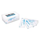 A rectangular white plastic container labeled Health Hero Network with individual packets of dental floss picks next to it. Each packet displays a blue illustration of a floss pick.