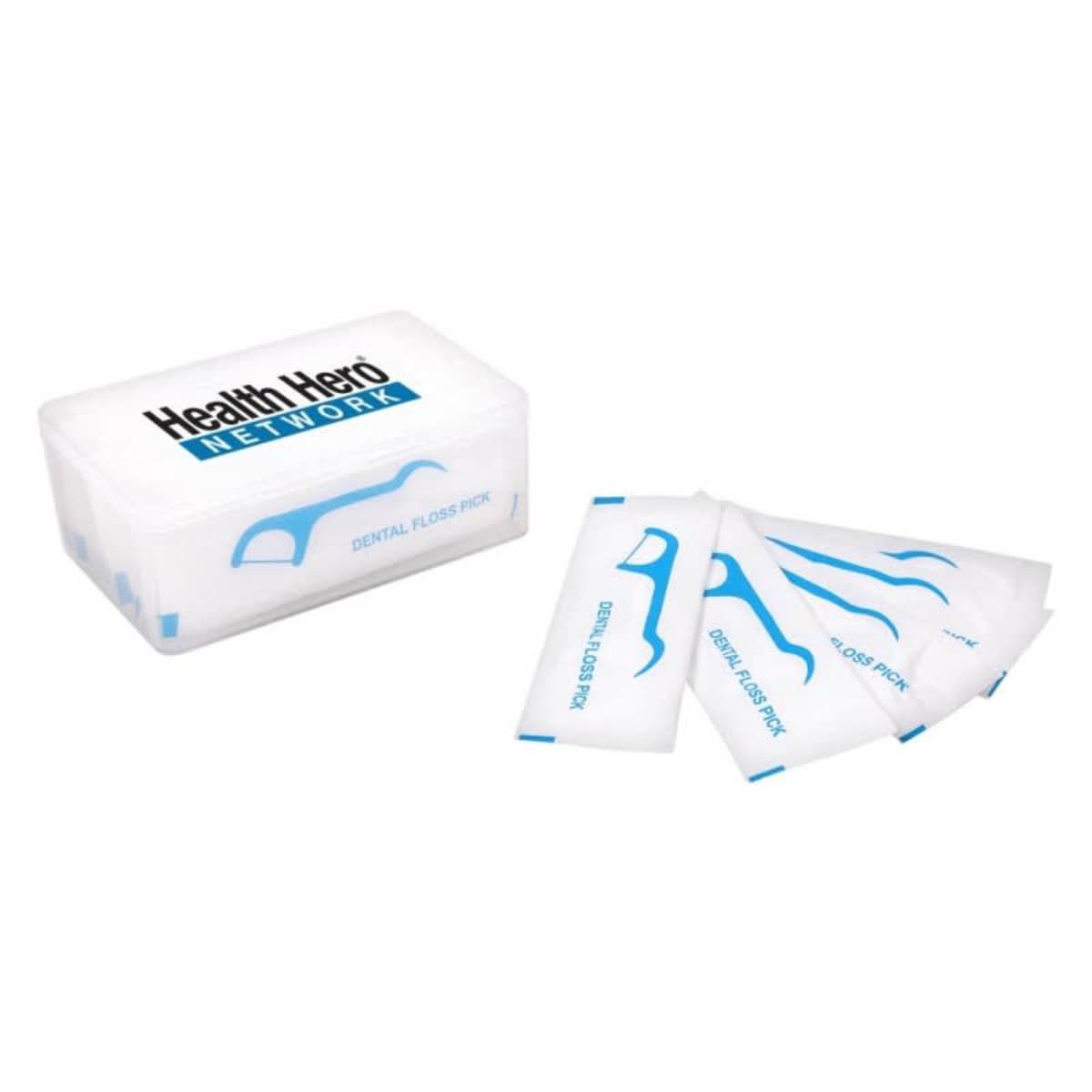 A rectangular white plastic container labeled Health Hero Network with individual packets of dental floss picks next to it. Each packet displays a blue illustration of a floss pick.