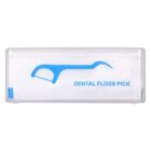 A transparent plastic box with blue text and an illustration of a dental floss pick. The text reads DENTAL FLOSS PICK.