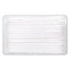 A plastic container with a lid, holding many white cotton swabs neatly arranged in parallel rows. The container is transparent, showcasing the clean, uniform appearance of the swabs inside.