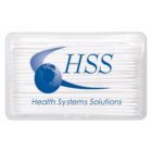 A clear plastic case containing white cotton swabs is labeled with a blue logo featuring the letters HSS and a globe design. Below, the text reads Health Systems Solutions.