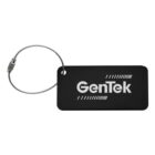 A black rectangular luggage tag with rounded edges featuring the word GenTek in white, attached to a silver metal loop cable for fastening.